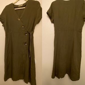 Dark Army Olive green linen wrap button front dress coastal beachy logenlook M